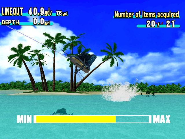 SEGA Marine Fishing (Dreamcast) screenshot: Sailfish jumping out of the water