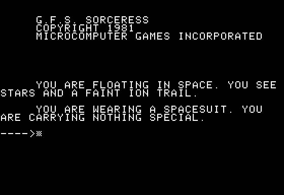 G.F.S. Sorceress (Apple II) screenshot: Floating in Space