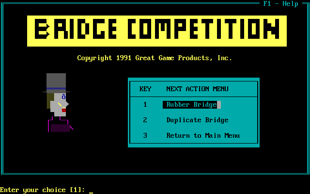Micro Bridge Companion (DOS) screenshot: Bridge Competition: Title screen and menu