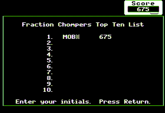 Conquering Fractions (+, -) (Apple II) screenshot: High Score