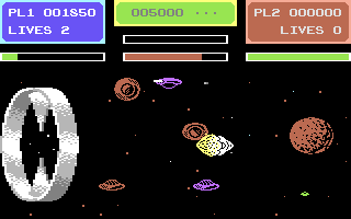 Gyropod (Commodore 64) screenshot: Blasting off to the Planet because ammunition is running low! (To launch the pod you need use two left and one right)