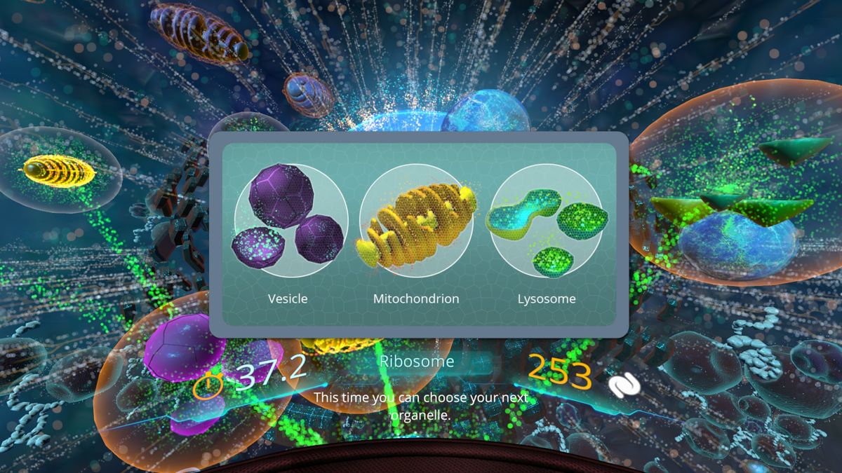 InCell (Windows) screenshot: The next step can be to any of these three organelles. Each has different rewards. The path to the Vesicle is medium, to the Mitochondrion it's easy while getting to the Lysosome is hard