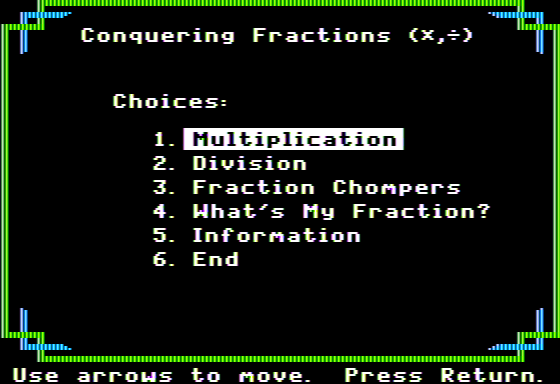 Conquering Fractions (x, ÷) (Apple II) screenshot: Main Menu
