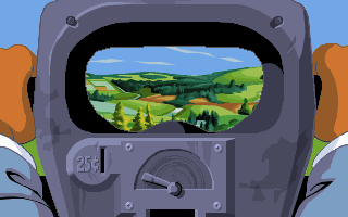 Sam & Max: Hit the Road (DOS) screenshot: Using the binoculars. Hmm... how can I stop them from spinning wildly?..
