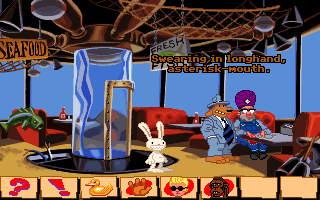 Sam & Max: Hit the Road (DOS) screenshot: Conversing with a possible Sikh who can bend tools with the power of his mind, and also swears a lot