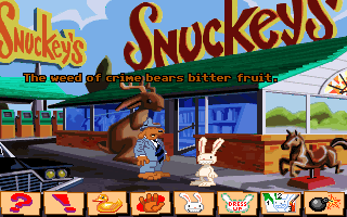 Sam & Max: Hit the Road (DOS) screenshot: Talking to Max. Note the dialogue icons. The duck icon can be used to say weird things - just like now
