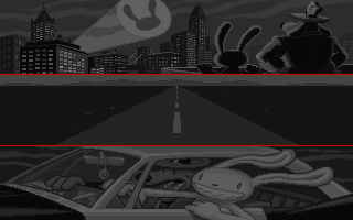 Sam & Max: Hit the Road (DOS) screenshot: A stylish-black white collage of scenes greets you before you start playing
