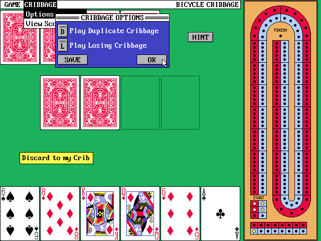 Bicycle Cribbage (DOS) screenshot: There are game configuration options in the menu bar