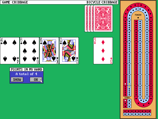 Bicycle Cribbage (DOS) screenshot: After each turn over the game displays the count and offers to explain how it was derived