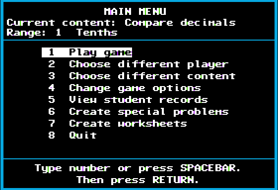 Decimal Discovery (Apple II) screenshot: Main Menu