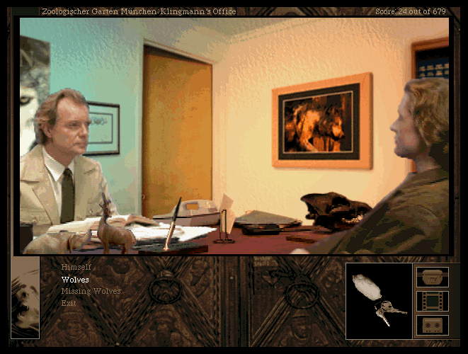 The Beast Within: A Gabriel Knight Mystery (Windows) screenshot: Talking to Herr Doktor Klingman, who's not as nice as it appears in first hand.