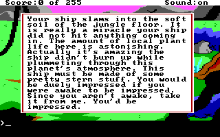 Space Quest: The Lost Chapter (DOS) screenshot: ...gets even more verbose as you crash on the planet