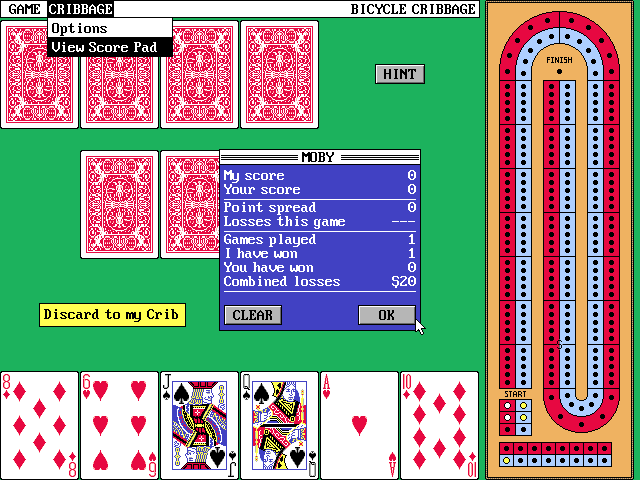 Bicycle Cribbage (DOS) screenshot: The game keeps score during the game but does not preserve the record for future games