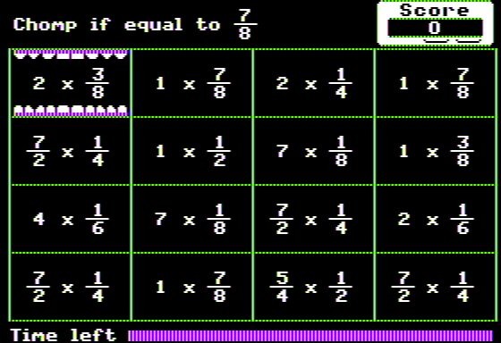 Conquering Fractions (x, ÷) (Apple II) screenshot: Looking to Chomp 7/8
