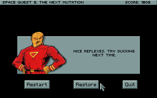 Space Quest V: The Next Mutation (DOS) screenshot: One of the game's death scenes
