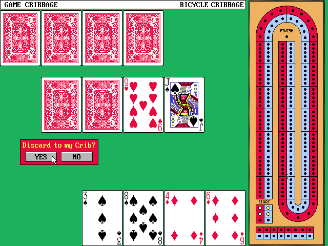 Bicycle Cribbage (DOS) screenshot: Cards are dragged and dropped from the player's hand into the crib