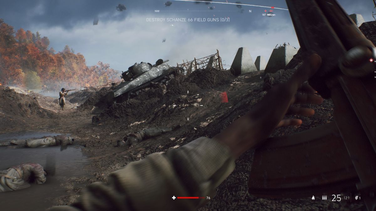 Battlefield V (PlayStation 4) screenshot: Using trenches for cover against enemy machine-gun placements