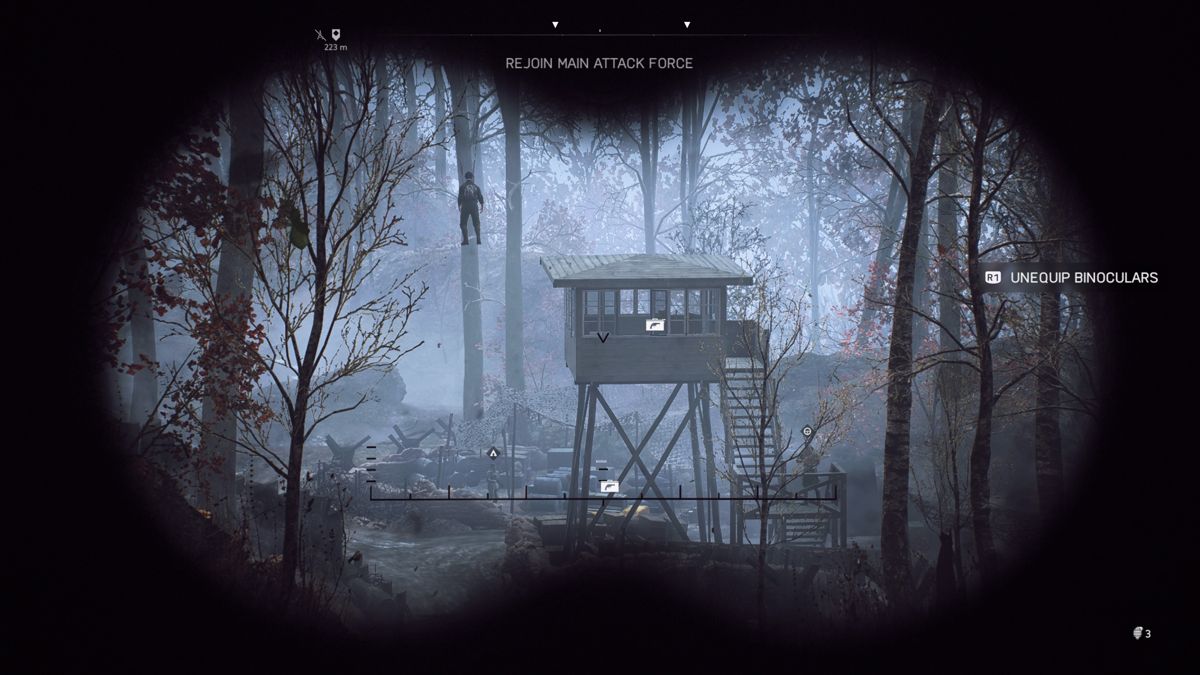 Battlefield V (PlayStation 4) screenshot: Using binoculars to scout the area ahead and mark enemy combatants