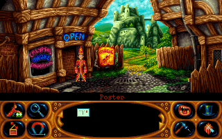 Simon the Sorcerer II: The Lion, the Wizard and the Wardrobe (DOS) screenshot: Starting out, armed solely with a postcard, which lets Simon save and load the game.