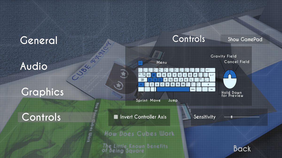 Gravitas (Windows) screenshot: The game can be played either with the keyboard/mouse or with a gamepad. These configuration options also allow the player to switch between full screen and windowed modes