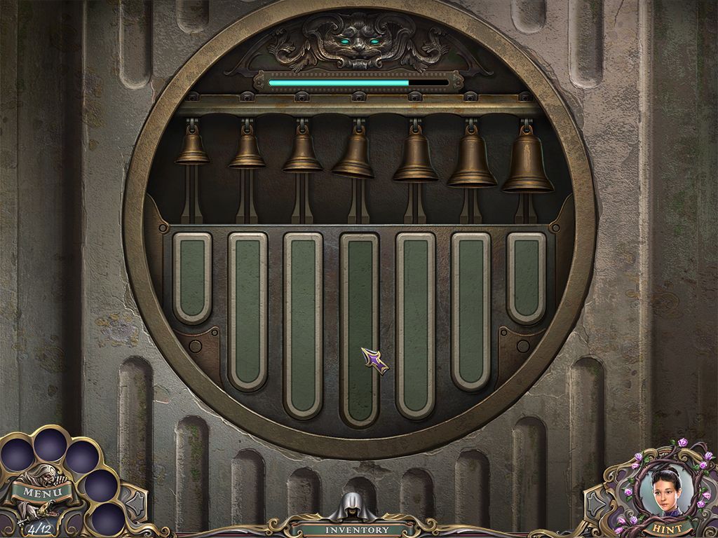 Witch Hunters: Stolen Beauty (Collector's Edition) (Windows) screenshot: There are two or three 'Simon-Says' puzzles where the player has to replicate a musical sequence. This is the first and once it's done Angelica can enter the girl's school
