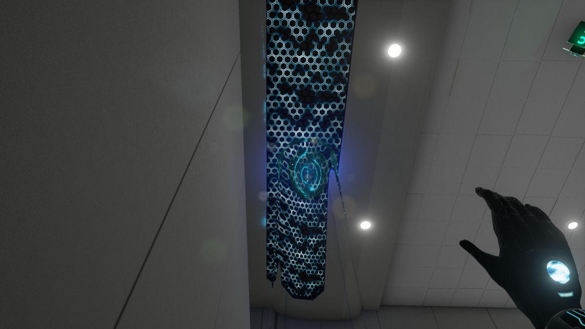 Gravitas (Windows) screenshot: We have an AAEA, aka Artistic Appreciation Enhancement Apparatus, aka a gravity glove. The grid-like panel on the ceiling is the only surface it will interact with