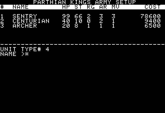 Parthian Kings (Apple II) screenshot: Designing Custom Units