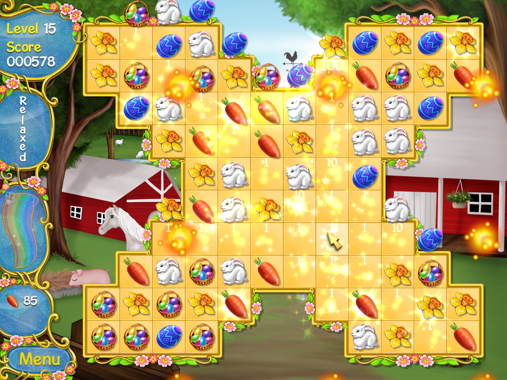 Spring Bonus (Windows) screenshot: The shamrocks clear the items in four diagonal directions. Four diagonal and four vertical/horizontal directions when boosted.