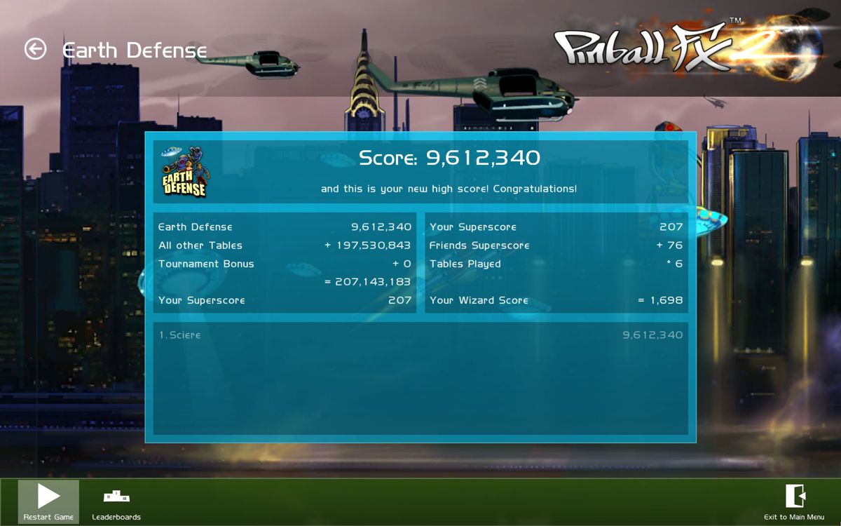 Pinball FX2: Earth Defense (Windows) screenshot: Score screen