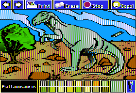 Electric Crayon Deluxe: Dinosaurs Are Forever (Apple II) screenshot: Psittacosaurus had a parrot-like beak, strong forearms, and a narrow skull with a bony ridge down the back