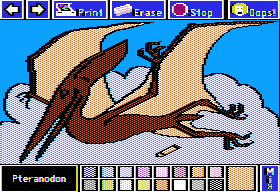 Electric Crayon Deluxe: Dinosaurs Are Forever (Apple II) screenshot: Pteranodon depended on breezes and updrafts for gliding since it lacked the strong muscles for flapping