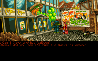 Simon the Sorcerer II: The Lion, the Wizard and the Wardrobe (DOS) screenshot: Outside the Swampling's fast food chain