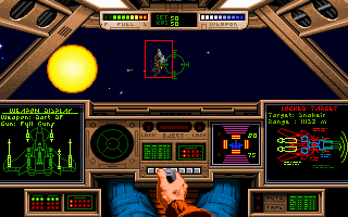 Wing Commander: The Secret Missions 2 - Crusade (DOS) screenshot: Attacking a "Snakeir" Carrier [cockpit view]