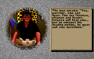 Worlds of Ultima: The Savage Empire (DOS) screenshot: Character generation is done by a shaman this time!