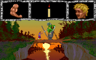 Sabor (DOS) screenshot: Encountering Baba Yaga on the bridge