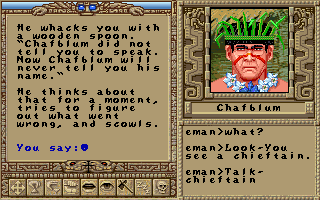 Worlds of Ultima: The Savage Empire (DOS) screenshot: Such silly humor fits the atmosphere of the game very well