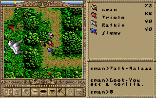 Worlds of Ultima: The Savage Empire (DOS) screenshot: You meet a silverback gorilla!.. It clashes with the clearly Mesoamerican village nearby - and it seems to enjoy that!..
