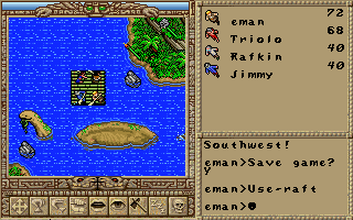 Worlds of Ultima: The Savage Empire (DOS) screenshot: I got four paddles, gave them to my companions, and we begin our journey on a raft! And look whom we found!..