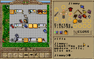 Worlds of Ultima: The Savage Empire (DOS) screenshot: You finally discover the lab where it all started!.. Look at Jimmy's inventory, with a rifle and an armor and all