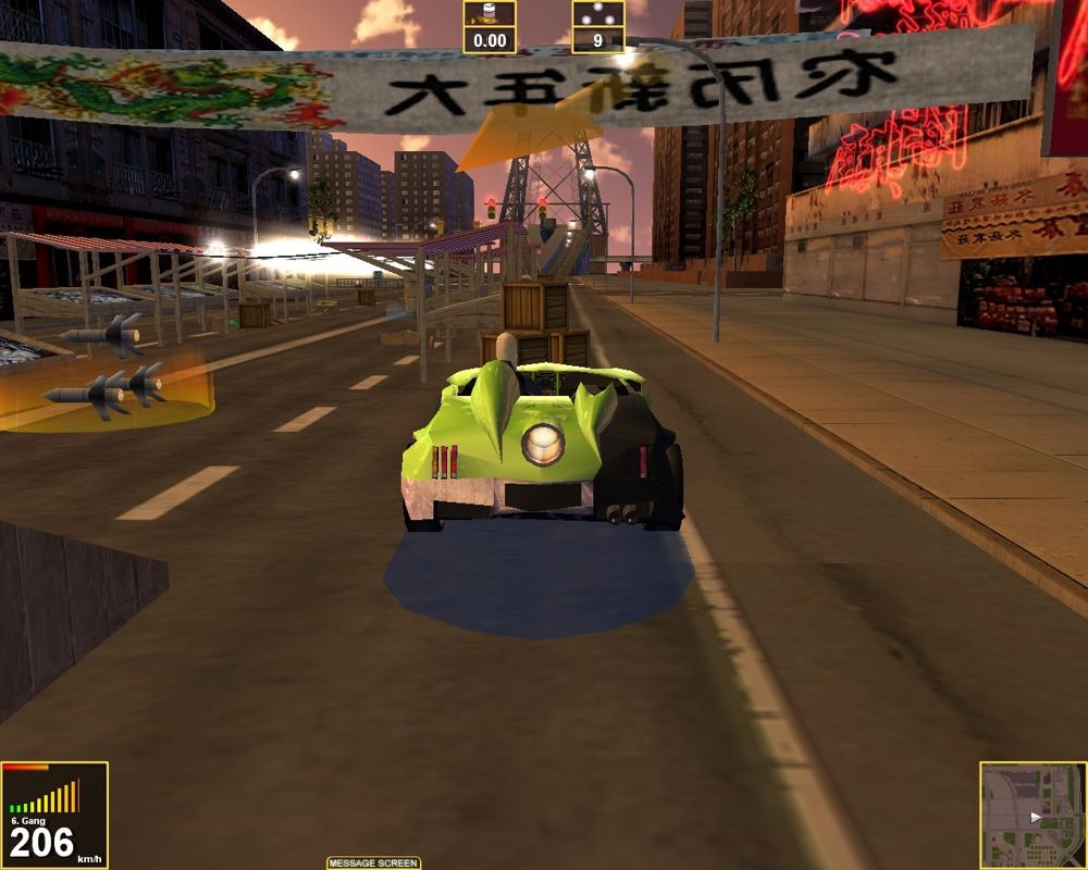 Crime Scene Manhattan: The Real Car-Shooter (Windows) screenshot: Passing a market in Chinatown. There's a weapons pick-up as well.