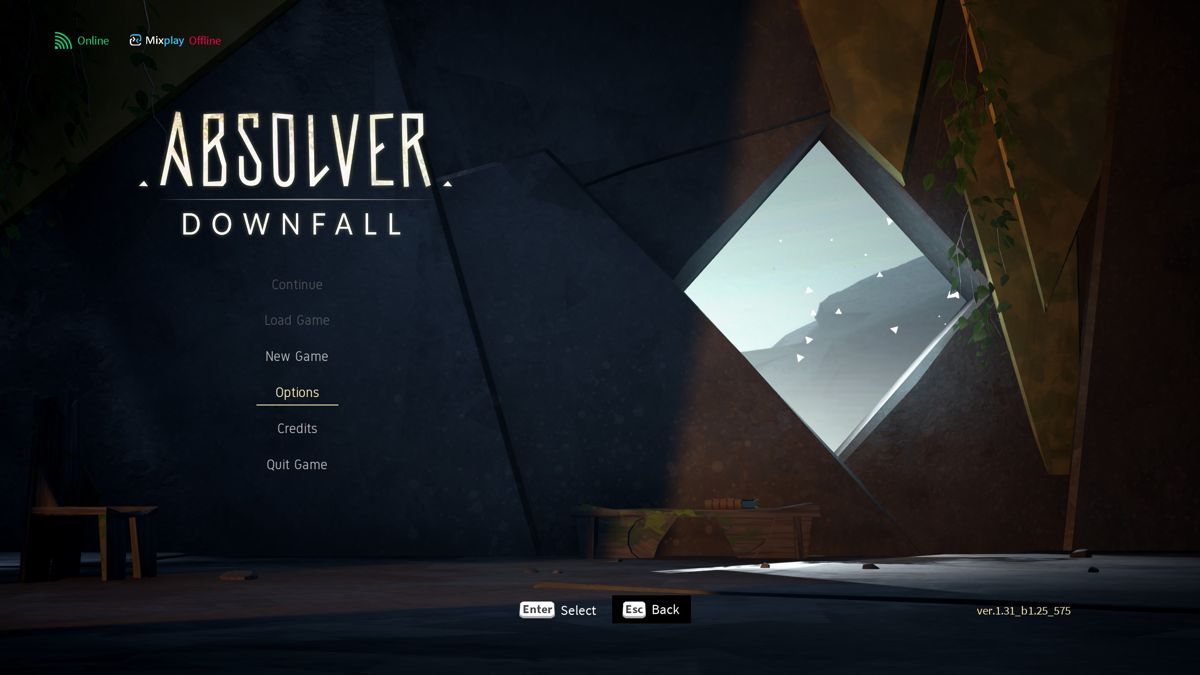 Absolver (Windows) screenshot: The game's main menu. Downfall is the free expansion that was released in September 2018 and is incorporated into the current release
