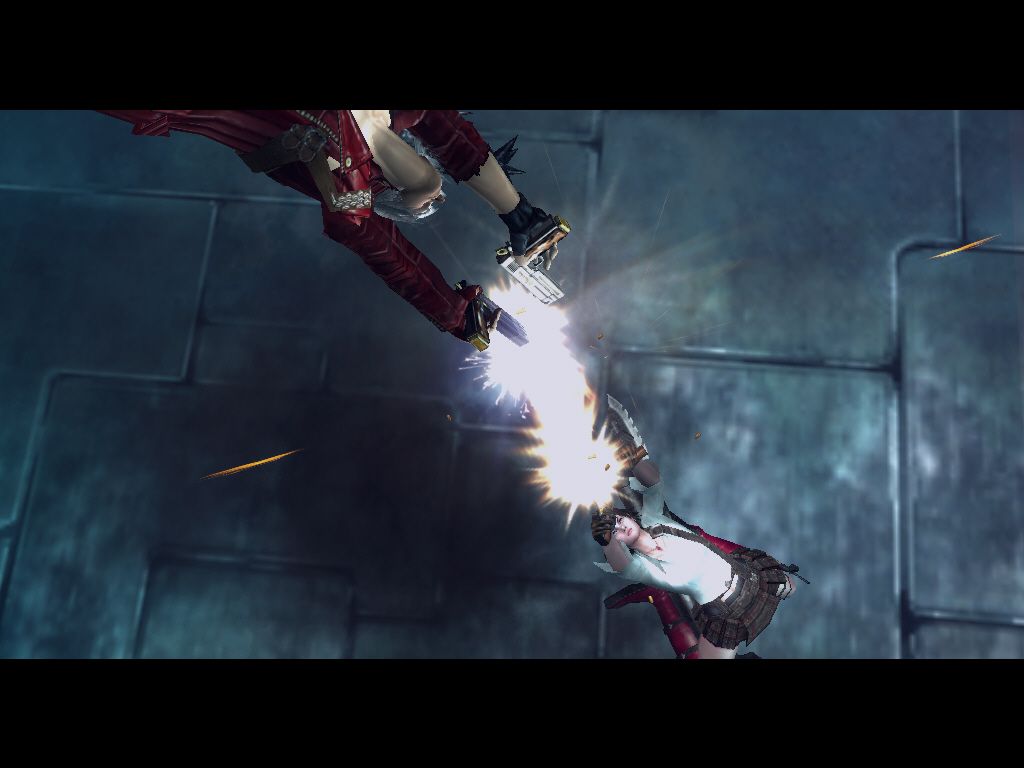 Devil May Cry 3: Dante's Awakening - Special Edition (Windows) screenshot: See what I mean? BTW: They are bouncing each other's bullets with their own, and that's still the least ridiculous thing that happens in this game.