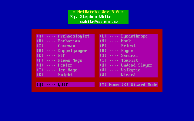 NetHack Plus (DOS) screenshot: Player selection menu.