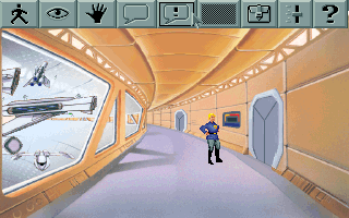 Space Quest V: The Next Mutation (DOS) screenshot: Starting as a cadet in the Starcon Academy. Displaying the interface