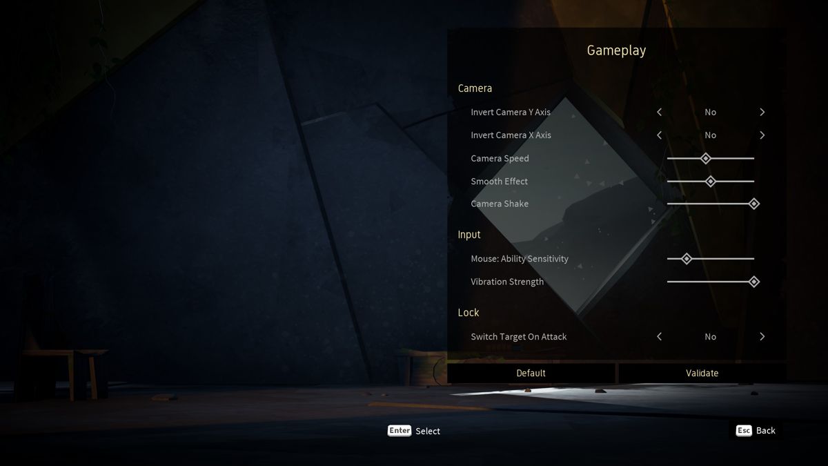 Absolver (Windows) screenshot: In game configuration options include Gameplay, Graphics and a toggle between on-line & off-line modes. Here they are accessed from the main menu but they can also be accessed in-game