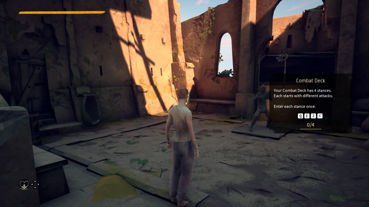 Absolver (Windows) screenshot: Tutorial: The Combat deck is important. Here it is introduced for the first time and the player must practice against this statue before continuing