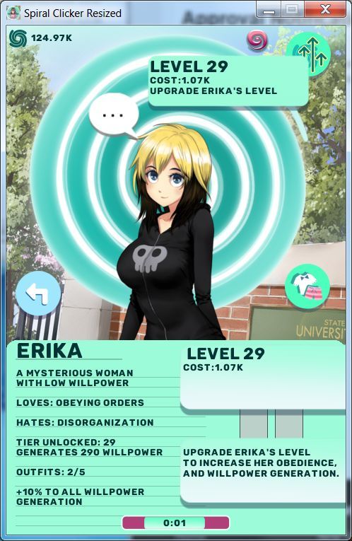 Spiral Clicker (Windows) screenshot: As control over Erika grows a costume icon appears centre right. At this early stage it means her hoodie will be changed for a T shirt. Clicking the top right button increases the control level