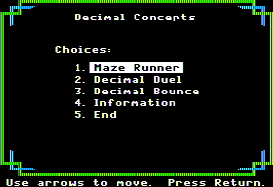 Decimal Concepts (Apple II) screenshot: Main Menu
