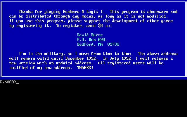 Numbers & Logic I (DOS) screenshot: The game concludes with the usual shareware request for payment