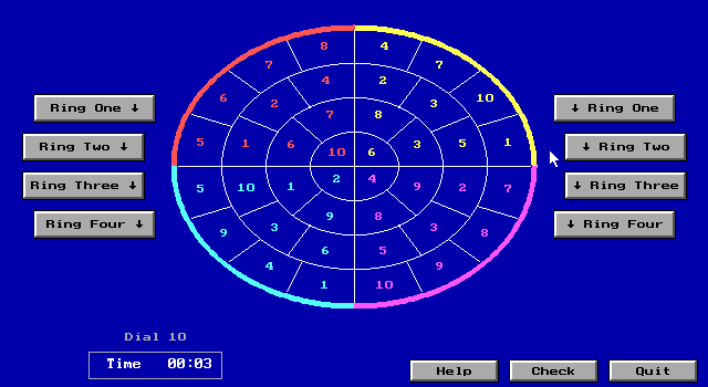 Numbers & Logic I (DOS) screenshot: Dial 10: The rings must be moved so that the numbers from 1-10 appear once in each quadrant